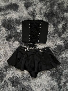 Forest Ink Black Lace-Up Corset Top with Pleated Mini Skirt Set